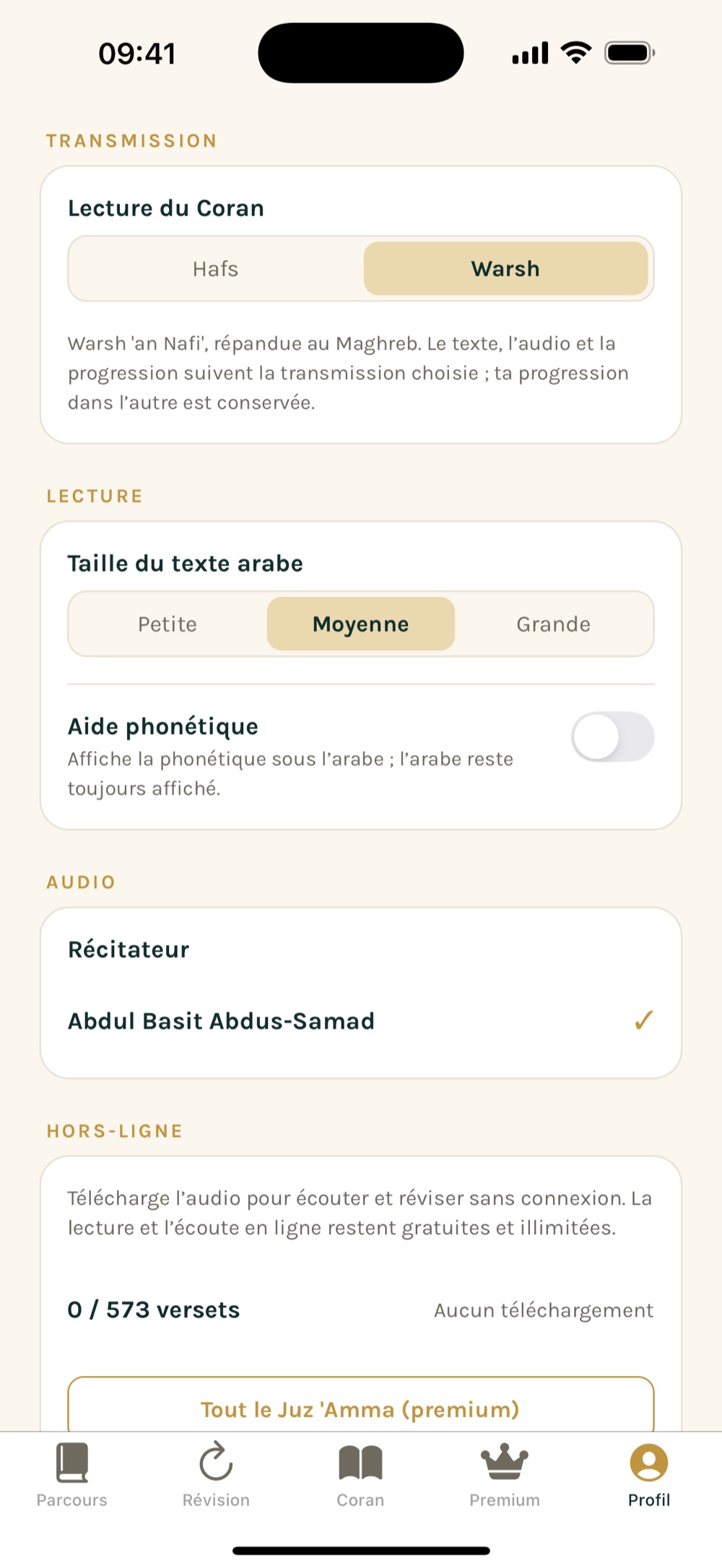 Réglages : transmission Warsh, récitateur, taille du texte et téléchargement de l’audio hors-ligne.